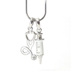 RN Nurse or Doctor Necklace White Gold Plated